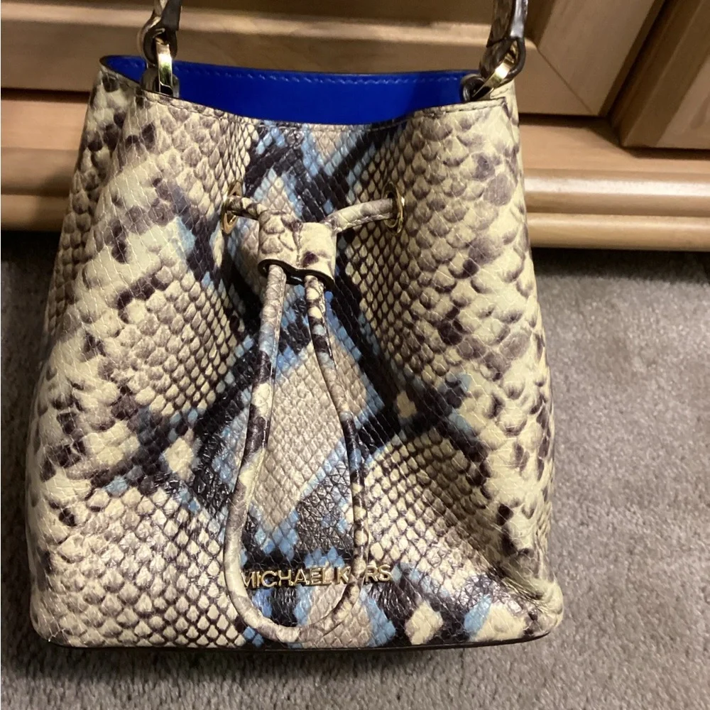 Michael Kors Blue Accented Snake-Embossed Bucket Bag